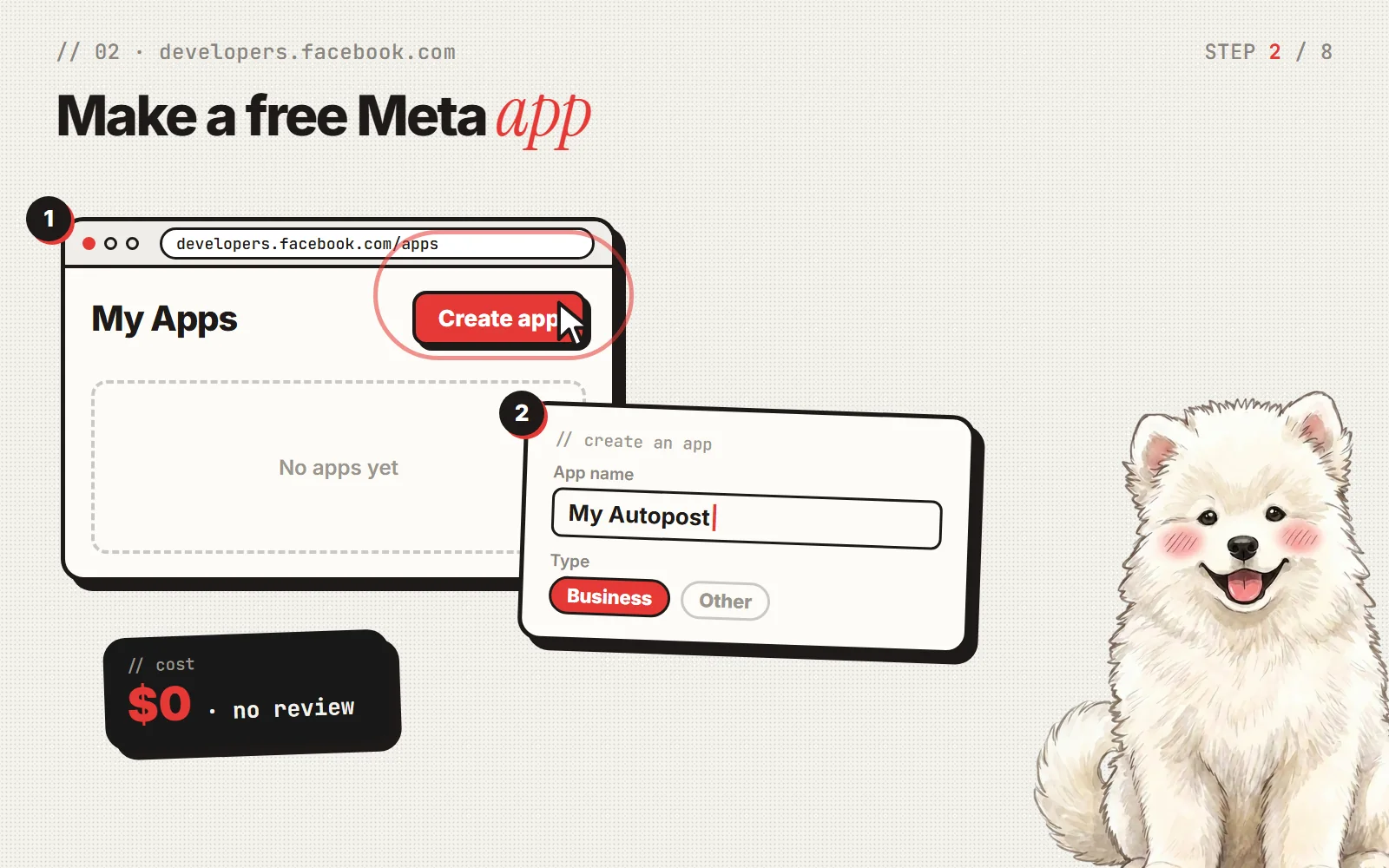 On the Meta developer site, click Create app, type a name, choose Business, then click Create